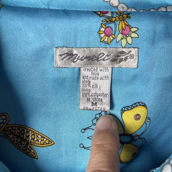 Vintage Blue 100% Silk Butterfly & Dragonfly Print Jacket Full Zip - Picture 7 of 11